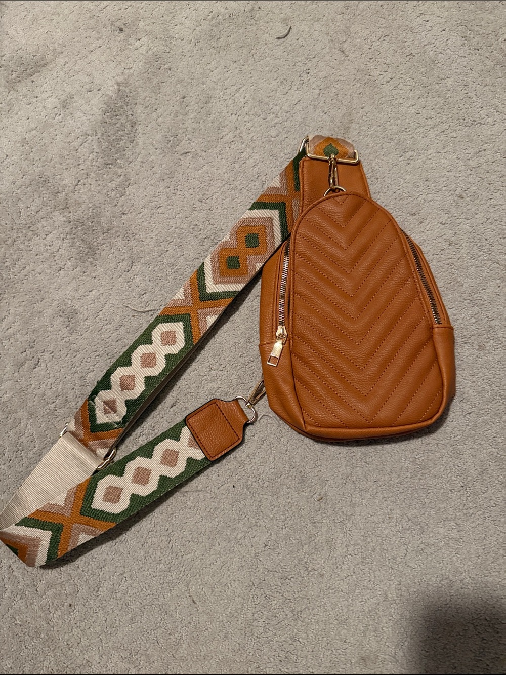 Tan Quilted Crossbody Sling Bag with Patterned Strap